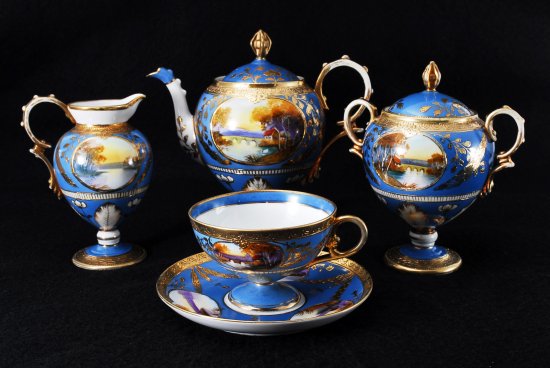 オールドノリタケ大銘品!! オールドノリタケ・金彩蒼地白鳥河畔図紋水差型飾壺 オールドノリタケ大銘品!! オールドノリタケ・金彩蒼地白鳥河畔図紋水