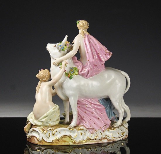 159 アンティーク マイセン 磁器 人形 女性達と雄牛 大型