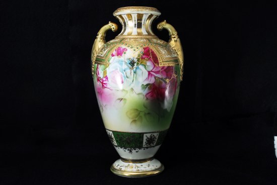 １８４　オールドノリタケ ニッポン 金盛ジュエル薔薇図紋両手花瓶