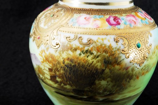 １８５　オールドノリタケ ニッポン ピンクローズ 風景画金盛ポット