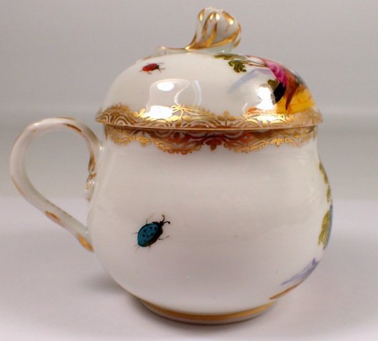 １６４　希少　アンティーク　マイセン磁器　昆虫とトロピカルな鳥が描かれたポット　金彩