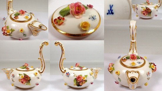 １６５　希少　アンティーク　マイセン　磁器　昆虫と花が描かれたミニチュア蓋付きティーポット　金彩