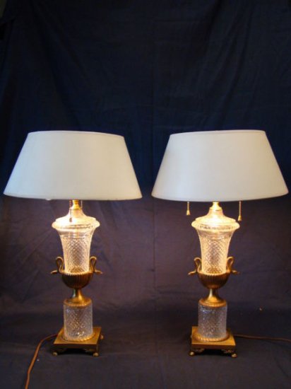 ３１８　豪華　フランス　バカラ　カットグラス　クリスタル＆ブロンズ　ペアテーブルランプ　19世紀