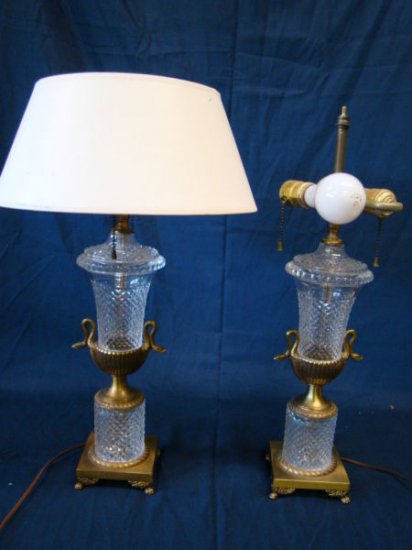 ３１８　豪華　フランス　バカラ　カットグラス　クリスタル＆ブロンズ　ペアテーブルランプ　19世紀