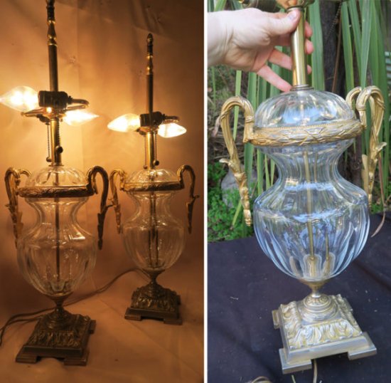３２６　バカラ　カットクリスタル　刻印入り　テーブルランプ2つ　金めっきブロンズ　フランス帝国　ガラス　真鍮