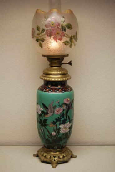 ３３５　アンティーク・フレンチ・バカラ　七宝焼きエナメル　アールヌーヴォー　オールドケロシンオイルランプ