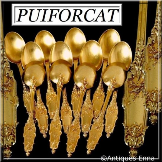 ピュイフォルカ　フランス風スターリングシルバー　ヴァ―メイル18K　ティースプーン12点セット　アカンサス