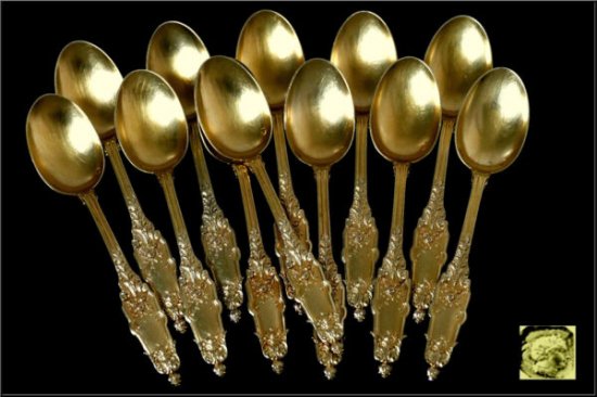 ピュイフォルカ　フランス風スターリングシルバー　ヴァ―メイル18K　ティースプーン12点セット　アカンサス