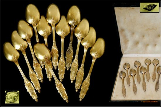 ピュイフォルカ　フランス風スターリングシルバー　ヴァ―メイル18K　ティースプーン12点セット　アカンサス