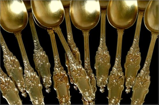 ピュイフォルカ　フランス風スターリングシルバー　ヴァ―メイル18K　ティースプーン12点セット　アカンサス