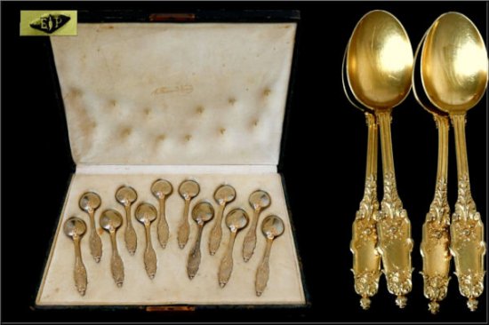 ピュイフォルカ　フランス風スターリングシルバー　ヴァ―メイル18K　ティースプーン12点セット　アカンサス