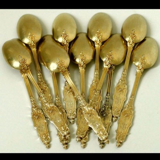 ピュイフォルカ　フランス風スターリングシルバー　ヴァ―メイル18K　ティースプーン12点セット　アカンサス