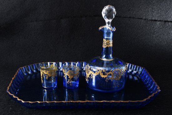 オールド・バカラ Old Baccarat リーフモチーフ 金彩ブルークリスタル デカンタ＆プレート＆グラス2客セット