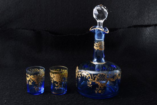 オールド・バカラ Old Baccarat リーフモチーフ 金彩ブルークリスタル デカンタ＆プレート＆グラス2客セット