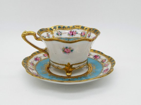 オールドノリタケ　グリッドターコイズとピンクフラワーの磁器カップとソーサー