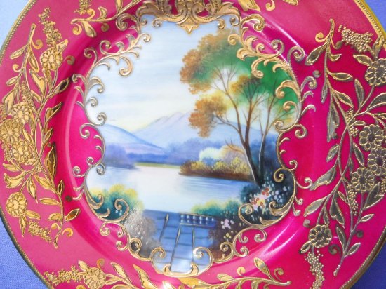 オールドノリタケ　最高品質の美しいルビーレッドとゴールドのカップ＆ソーサーとプレート