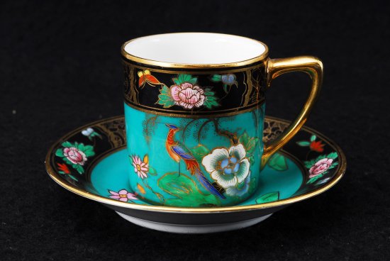 オールドノリタケ・金盛ライトグリーンラスター彩 花鳥図紋カップ＆ソーサー