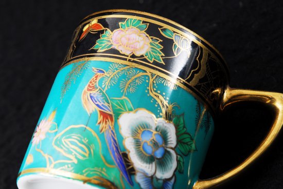 オールドノリタケ・金盛ライトグリーンラスター彩 花鳥図紋カップ＆ソーサー