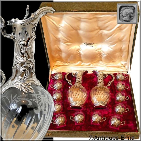 ２４８　フランス風スターリングシルバー　18Kゴールドリカーセット　デカンターペアグラスボックス