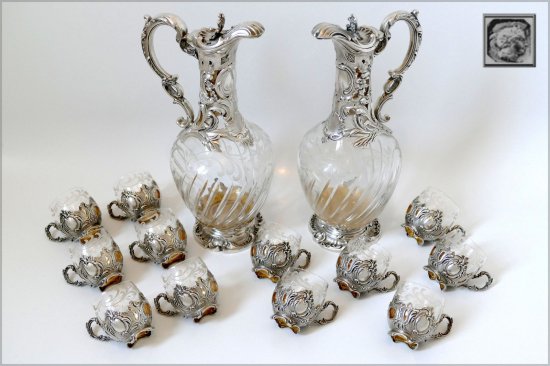 ２４８　フランス風スターリングシルバー　18Kゴールドリカーセット　デカンターペアグラスボックス