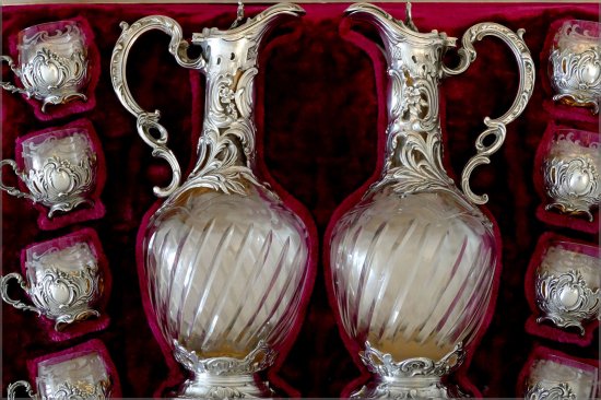 ２４８　フランス風スターリングシルバー　18Kゴールドリカーセット　デカンターペアグラスボックス