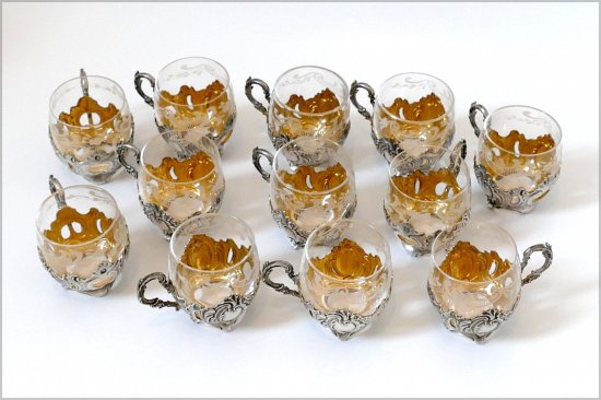 ２４８　フランス風スターリングシルバー　18Kゴールドリカーセット　デカンターペアグラスボックス