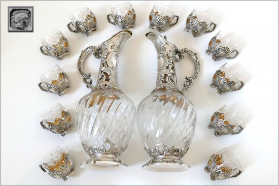 ２４８　フランス風スターリングシルバー　18Kゴールドリカーセット　デカンターペアグラスボックス