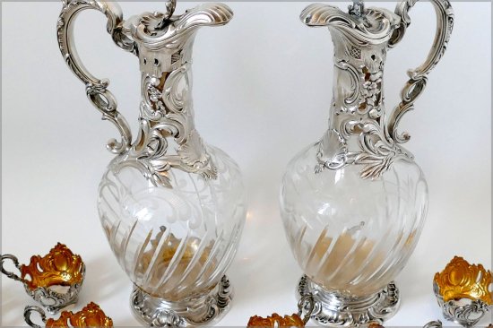 ２４８　フランス風スターリングシルバー　18Kゴールドリカーセット　デカンターペアグラスボックス