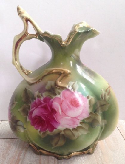 189　オールドノリタケ　ピンクの花瓶　グリーンフローラルピンクローズ