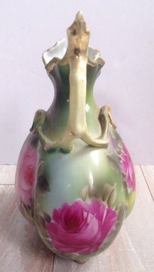 189　オールドノリタケ　ピンクの花瓶　グリーンフローラルピンクローズ