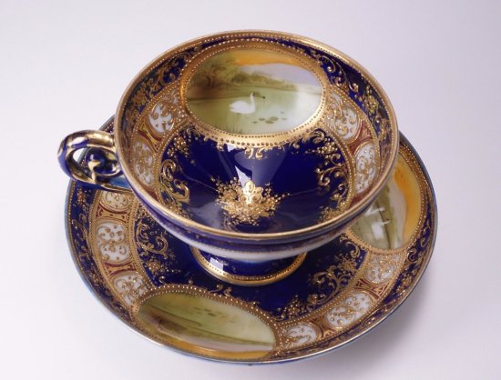 191　オールドノリタケ　コバルトゴールドペデスタルカップ＆ソーサー　スワン