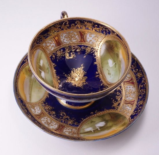 191　オールドノリタケ　コバルトゴールドペデスタルカップ＆ソーサー　スワン