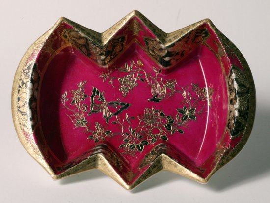 194	オールドノリタケ　アールデコ　ジュエリーボウル　 Magenta Raised Gold＆Butterfly