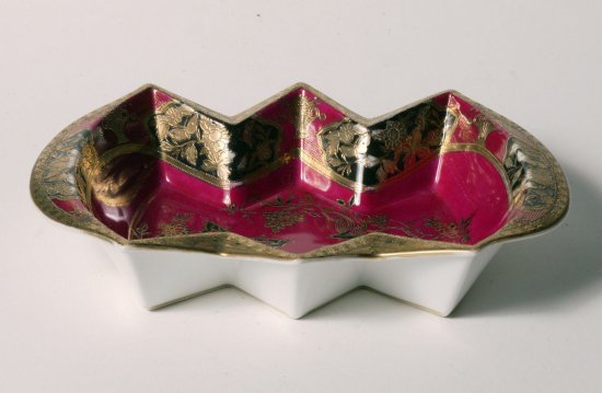 194	オールドノリタケ　アールデコ　ジュエリーボウル　 Magenta Raised Gold＆Butterfly