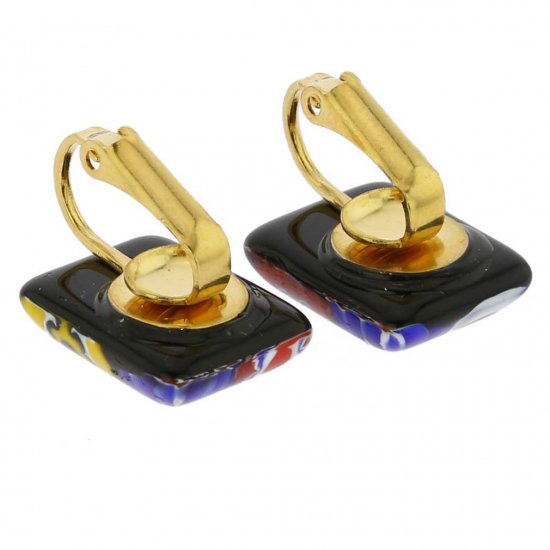 ベネチアングラス(ムラノガラス) イヤリング カラー スプラッシュ ミレフィオリ レクタングル クリップ イアリング - マルチカラー