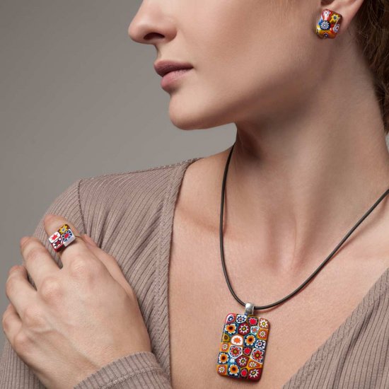 ベネチアングラス(ムラノガラス) イヤリング カラー スプラッシュ ミレフィオリ レクタングル クリップ イアリング - マルチカラー