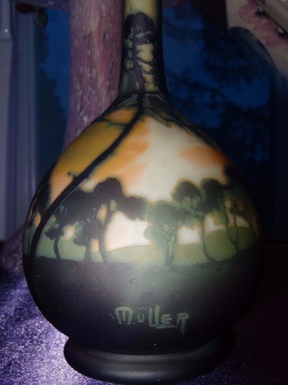 ミューラー兄弟　風景が描かれた花瓶　エッチングガラスベース