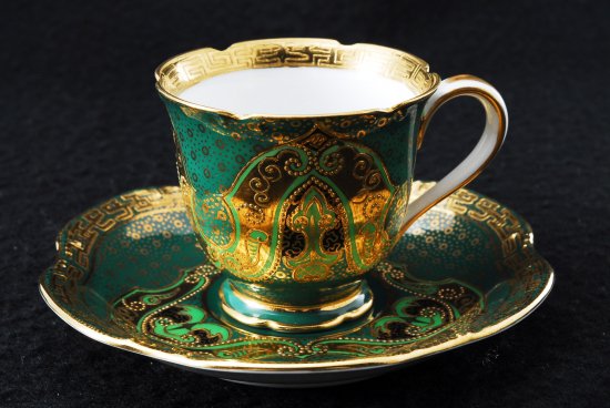 208	オールドノリタケ　グリーン　アールデコ様式　金彩のカップ＆ソーサー