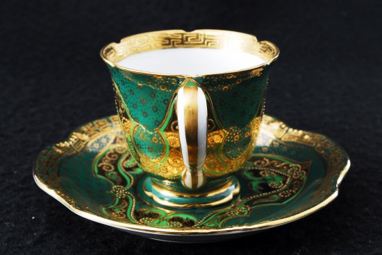 208	オールドノリタケ　グリーン　アールデコ様式　金彩のカップ＆ソーサー