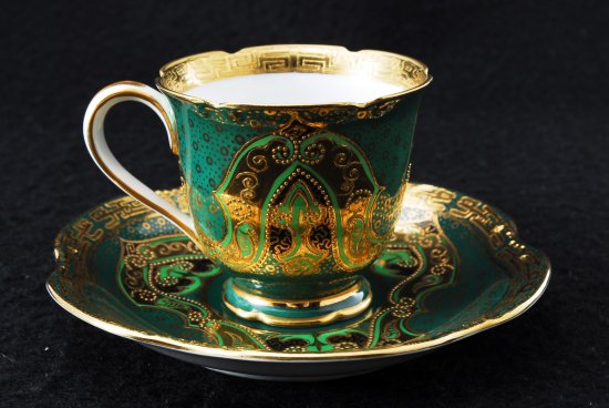 208	オールドノリタケ　グリーン　アールデコ様式　金彩のカップ＆ソーサー