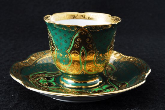 208	オールドノリタケ　グリーン　アールデコ様式　金彩のカップ＆ソーサー