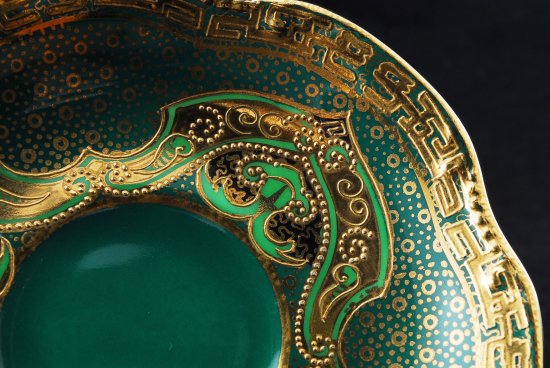 208	オールドノリタケ　グリーン　アールデコ様式　金彩のカップ＆ソーサー