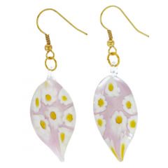 ベネチアングラス(ムラノガラス)　ピアス　ライラックデイジー　リーフシェイプ　ピアス