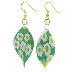 ベネチアングラス(ムラノガラス)　ピアス　ライラックデイジー　リーフシェイプ　ピアス