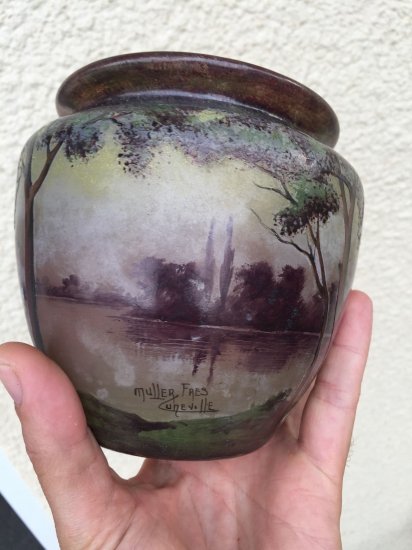 65	ミューラー兄弟　アールヌーボー　エッチング＆エナメル花瓶