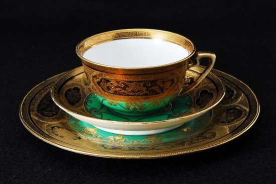 オールドノリタケ　金縁花柄グリーン　カップ＆ソーサー＆プレート