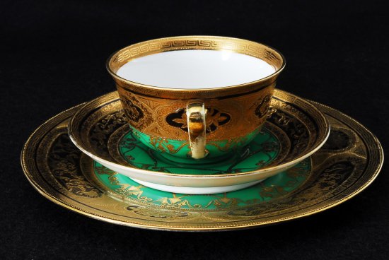 オールドノリタケ　金縁花柄グリーン　カップ＆ソーサー＆プレート