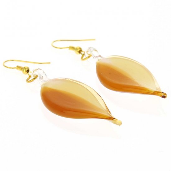 ベネチアングラス(ムラノガラス)　ピアス ミルク　アンド　ハニー　リーフシェイプ　カーブ　ピアス