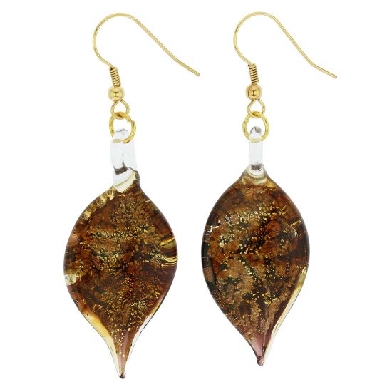 ベネチアングラス(ムラノガラス)　ピアス アンバー　スパークル　リーフシェイプ　ピアス