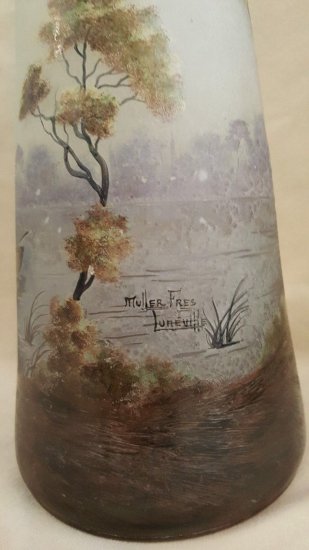 79	ミューラー兄弟　リュネヴィル　大きなガラス花瓶　湖とボートの風景